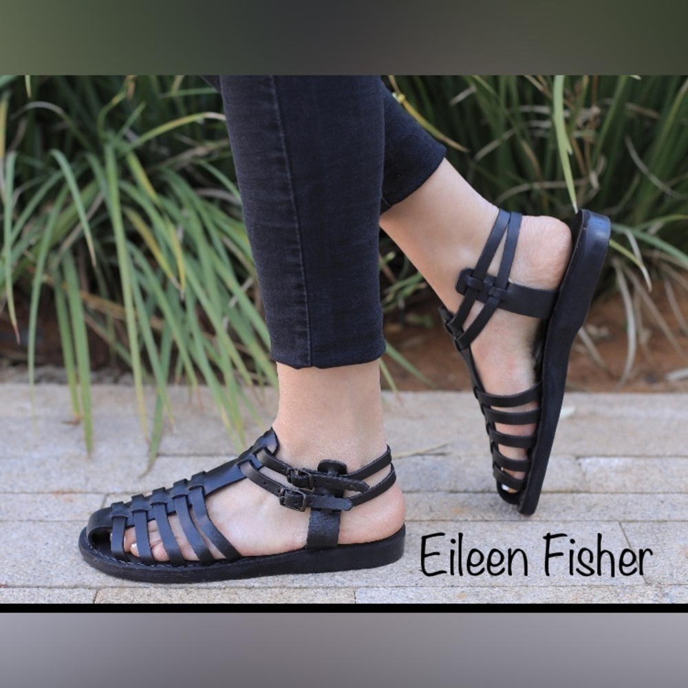 NEW Eileen Fisher Women’s size 6 Black Leather Rato Strappy Fisherman Sandals